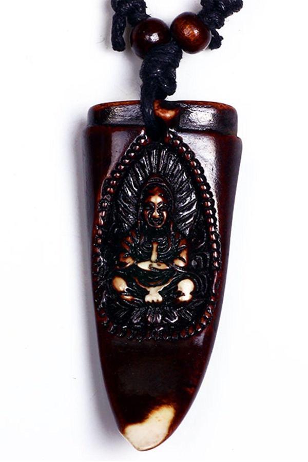 BTAK00751 K7 Siddhartha Buddha Oyma Diş Tasarım Ayarlanabilir İpli Koyu Kahverenkli Kolye - Image 1