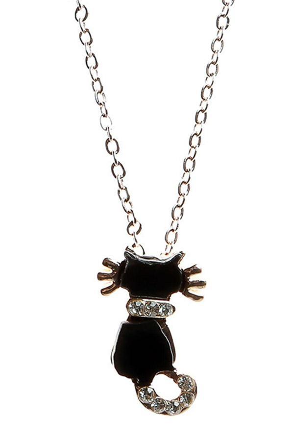 TKLY01461 Zirkon Taşlı Kara Kedi Figür Altın Renkli Kolye - Image 1