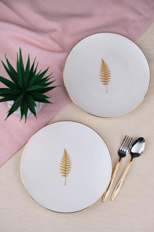 Tabak Evi Porselen Natura Fern Altın Yaldız Pasta Tabağı 20,50cm 2 li - Image 1