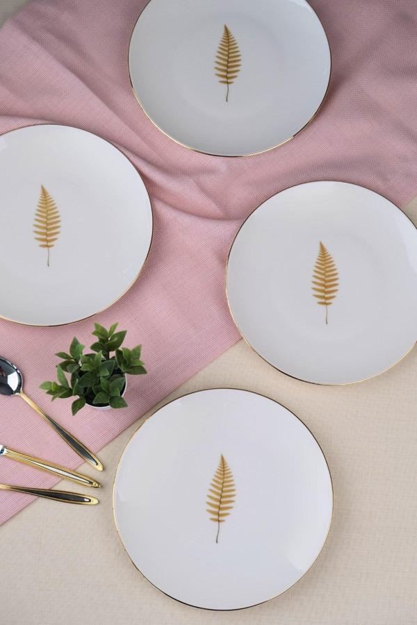 Tabak Evi Porselen Natura Fern Altın Yaldız Pasta Tabağı 20,50cm 4 lü - Image 1