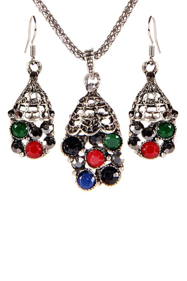 TKLY01704 Osmanlı Serisi Renkli Taşlı Kolye Küpe Set - Image 1