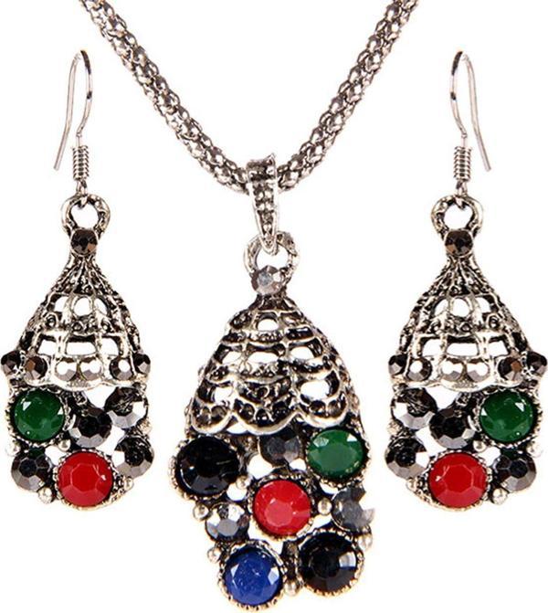 TKLY01704 Osmanlı Serisi Renkli Taşlı Kolye Küpe Set - Image 1
