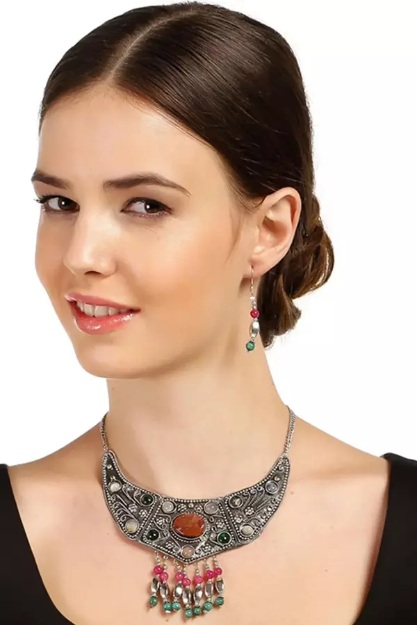 TKLY05030 Doğal Taş Süslemeli Alpaka Zincirli Kolye Küpe Set - Image 1
