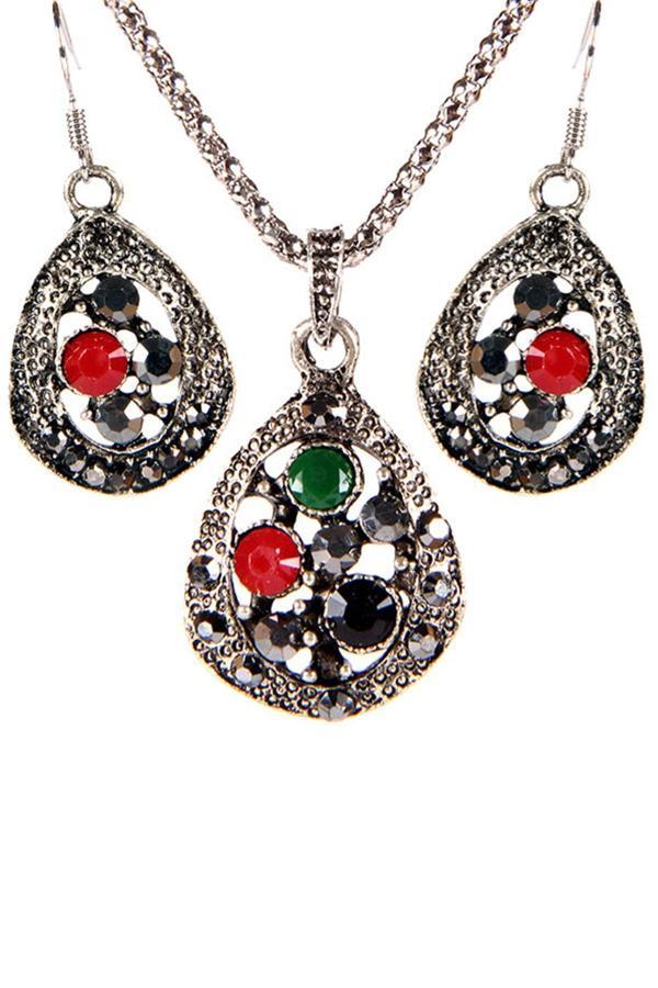 TKLY01702 Osmanlı Serisi Taşlı Kolye Küpe Set - Image 1