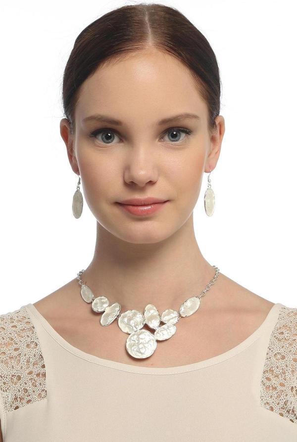 TKLY01929 Parlak Alpaka Sedef Görünümlü Kolye Küpe Set - Image 1