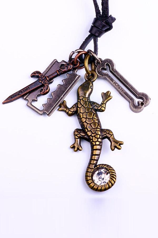 BTAK00671 K8 Gecko Kertenkele Jilet Kemik Figürlü Ayarlanabilir Deri İpli Kolye - Image 1