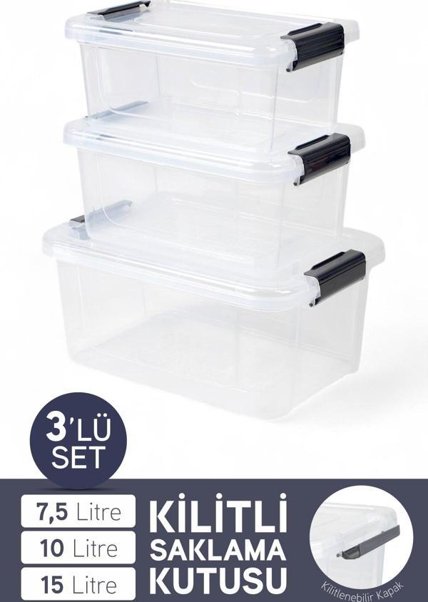 İronika 3'lü Saklama Kabı Yatay Dikdörtgen Kilitli Kapaklı Çok Amaçlı Oyuncak Saklama Kutusu 7,5-10-15 Litre - Image 1