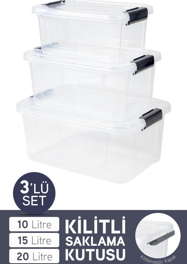 İronika 3'lü Saklama Kabı Yatay Dikdörtgen Kilitli Kapaklı Çok Amaçlı Oyuncak Saklama Kutusu 10-15-20 Litre - Image 1