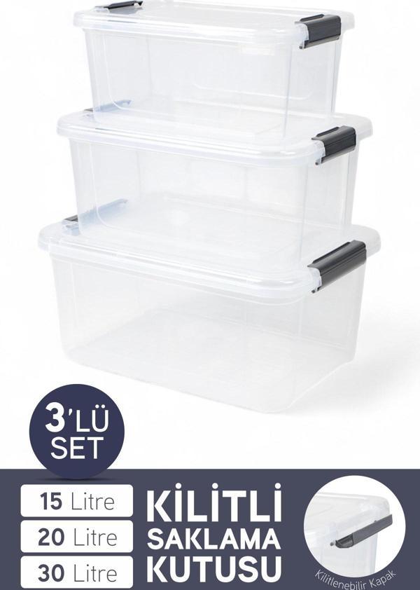 İronika 3'lü Saklama Kabı Yatay Dikdörtgen Kilitli Kapaklı Çok Amaçlı Oyuncak Saklama Kutusu 15-20-30 Litre - Image 1