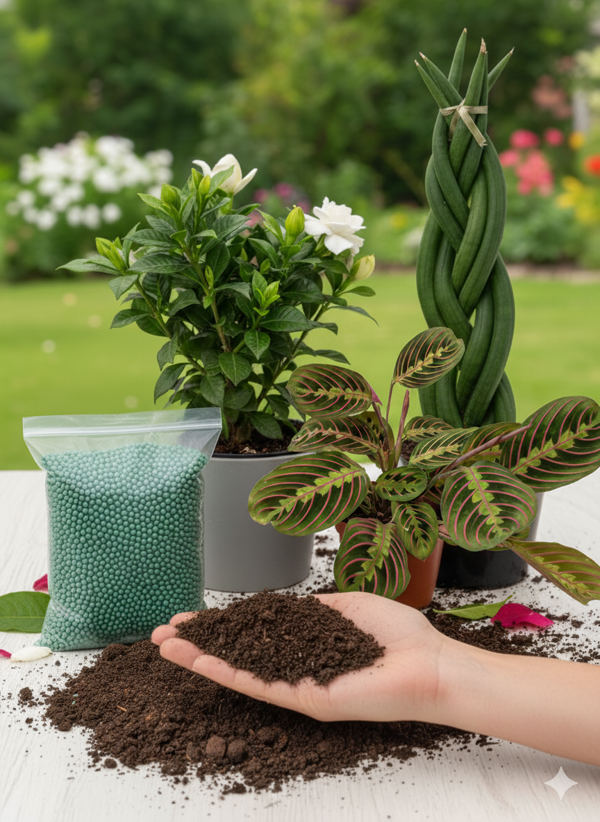 Dua Çiçeği, Gardenya, Örgülü Paşa Kılıcı Salon Bitkisi Seti + Çiçek Coşturan ve Solucan Gübresi - Image 1