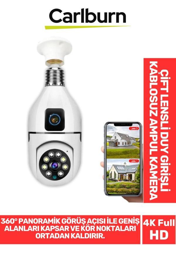 360° Panoramik Görüş 4K Full HD Çift Lensli E27 Duy Girişli 8 MP Kablosuz Ampul Kamera - Image 1