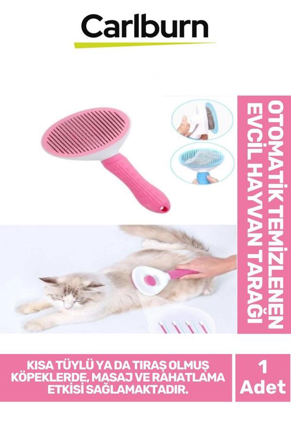 Premium Otomatik Tuşlu Temizlenen Evcil Hayvan Kedi Köpek Pet Tüy Toplayıcı Tarağı - Pembe - Image 1