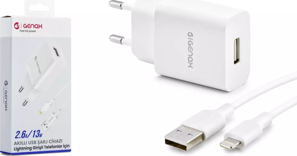 Genax Gnx004 Lightning - Usb Şarj Adaptörü Set 2.6A 13W Beyaz - Image 1