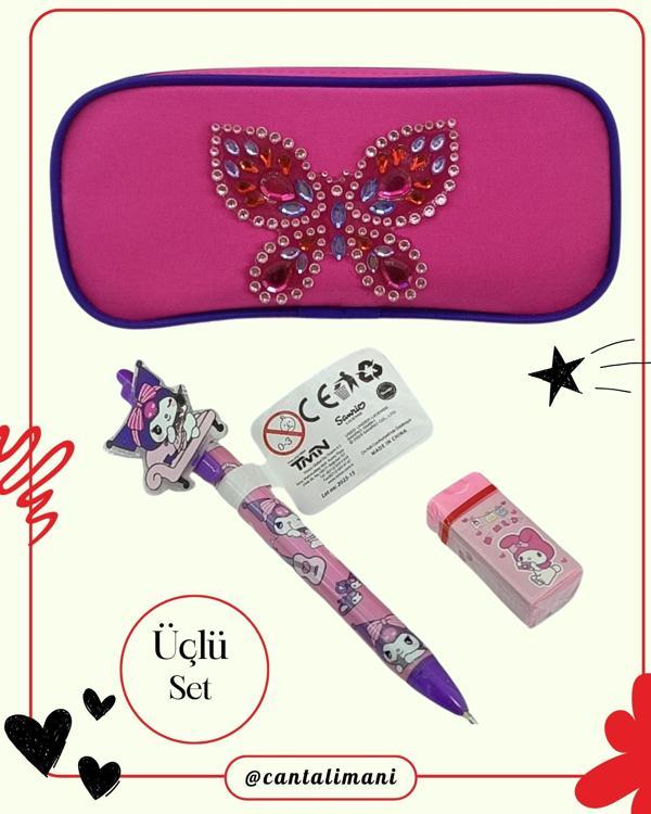 Kuromi Pembe Versatil Kalem, Silgi ve Kelebek Kabartmalı Kalem Çantası Seti  (Üçlü Set) - Image 1