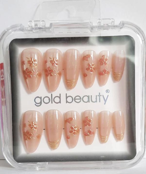 Gold Beauty Kedi Gözü Takma Tırnak 12 li EP-1527 - 20 Ten Çiçek Desenli - Image 1