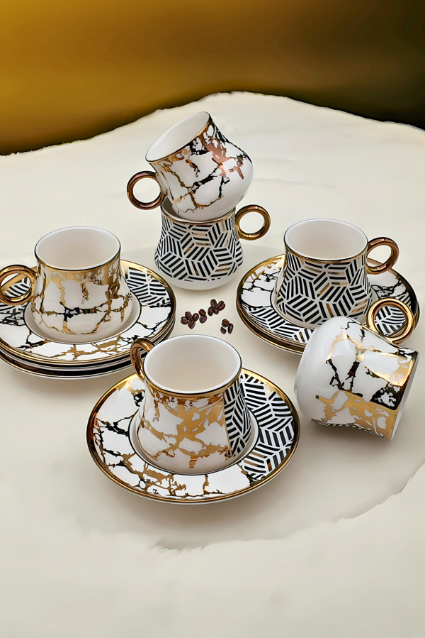 6 Kişilik Porselen Kahve Fincan Takımı | Cift Desenli - Image 1