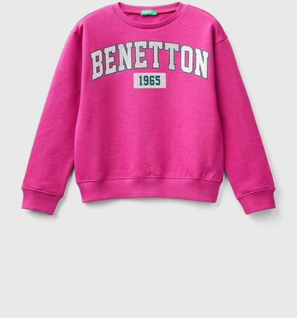 United Colors Of Benetton Kız Çocuk Fuşya Önü Parıltılı Logo Baskılı Bisiklet Yaka Sweatshirt - Image 1