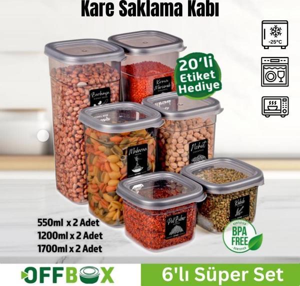 Offbox Kare Bakliyat Baharat Gıda Saklama Kabı - 3 Çeşit - 6 Adet - Image 1