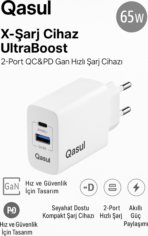 65W 2 Portlu Hızlı Şarj Adaptörü QC 3.0 + PD, Kompakt ve Güvenli Tasarım Telefon, Tablet ve Laptop - Image 1