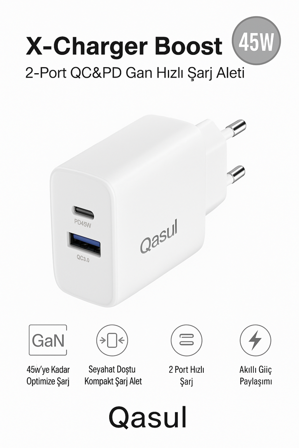 GaN Teknolojili 45W Çift Port Şarj Adaptörü Ultra Hızlı ve Güvenli Şarj Telefon Tablet Uyumlu - Image 1