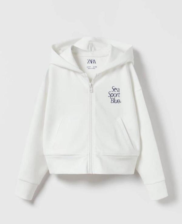 Kapüşonlu Crop Sweatshirt – Beyaz "Sea Sport Blue" Baskılı - Image 1