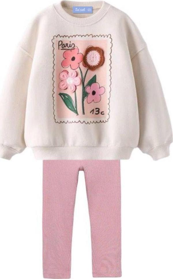 La Ciel Paris Kız Çiçek Aplikeli Sweatshirt & Pembe Tayt - Image 1