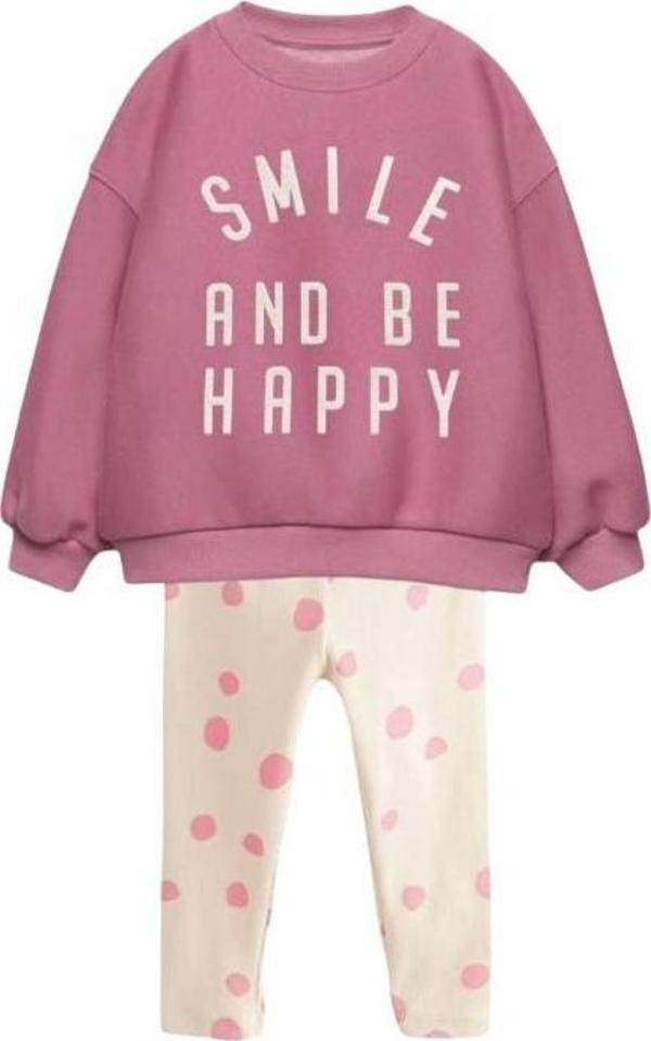 La Ciel Paris Kız Çocuk Takım – "Smile and Be Happy" Sweatshirt & Puantiyeli Tayt - Image 1
