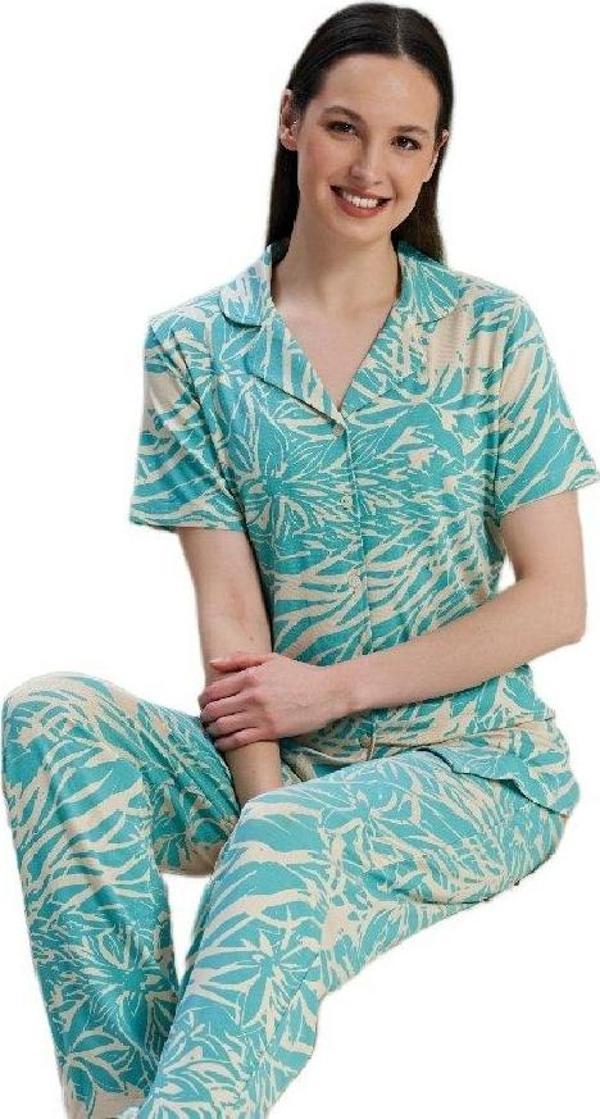 Kadın Pijama Takımı Kısa Kollu Düğmeli Viskon Mira Model S/XL - Image 1