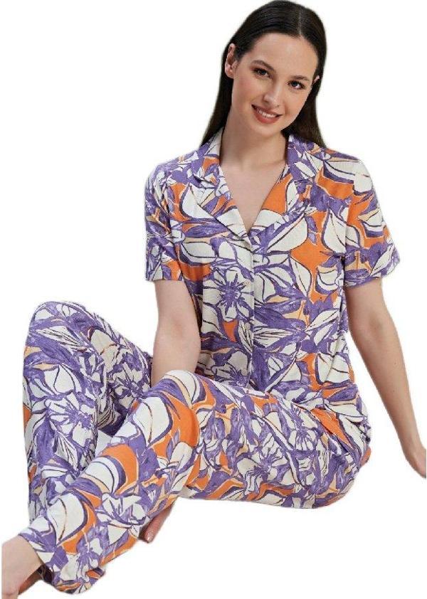 Kadın Pijama Takımı Kısa Kollu Düğmeli Viskon Viskoni Model M/2XL - Image 1