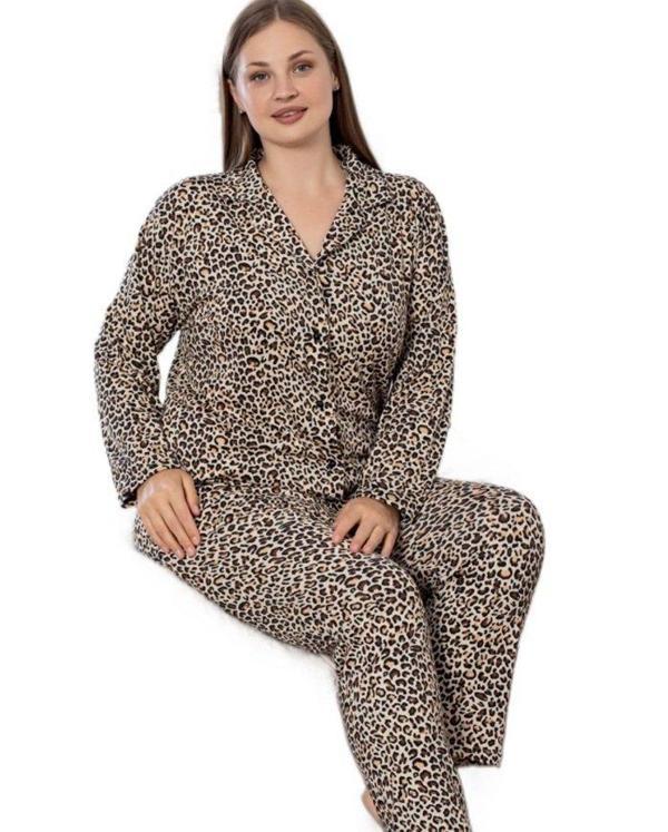 Giovanna Gömlek Yaka Büyük Beden Leopar Kadın Pijama Takımı Yumuşak Dokulu 3XL/6XL - Image 1