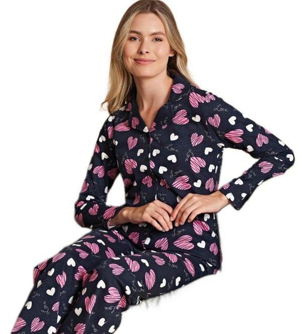 Kadın Önden Düğmeli Uzun Kollu Pijama Takımı S/XL Alessia Verona Rahat Ev Giyim Kışlık Hediyelik - Image 1