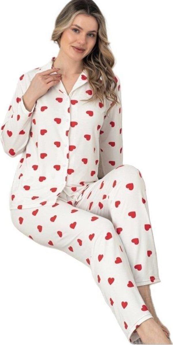 Kadın Uzun Kollu Gömlek Yaka Pijama Takımı  Allegra Rosso Tasarım Rahat Ev Giyim Hediyelik M/2XL - Image 1