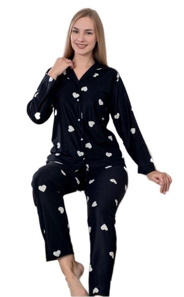 Valeriano Notte Süet Kumaş Kışlık Gömlek Yaka Kalpli Kadın Pijama Takımı Yumuşak Ev Giyim - Image 1
