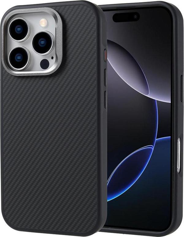 Kılıftech İphone 16 Pro Max Kılıf Magsafe Şarj Özellikli Karbon Fiber Görünümlü Zore Troy Kapak-Siyah - Image 1
