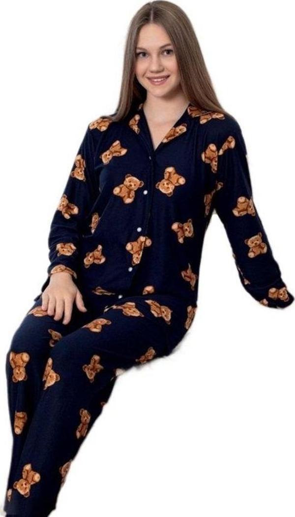 Bear Love Kışlık Süet Gömlek Yaka Kadın Pijama Takımı Yumuşak Ev Giyim - Image 1