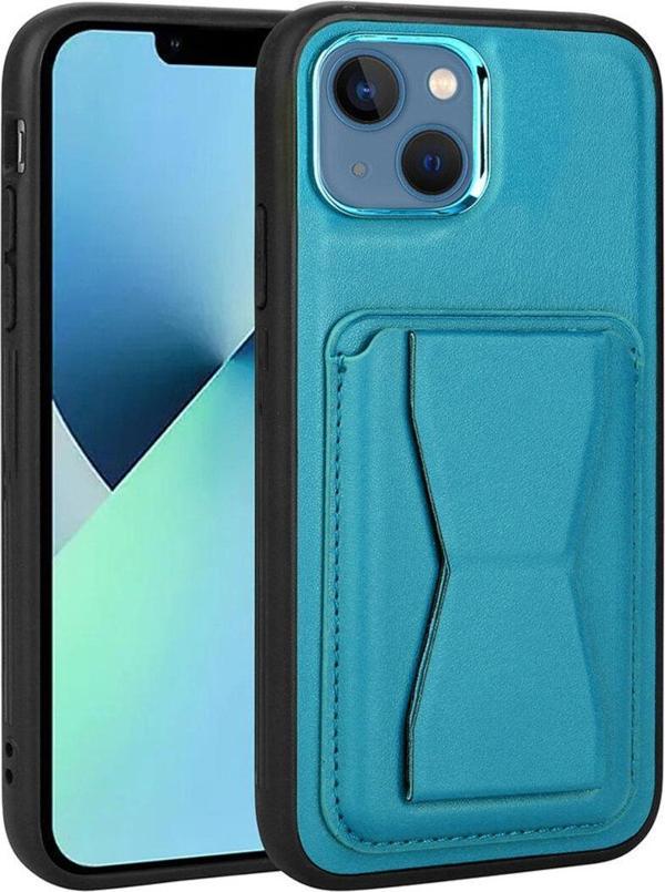 Kılıftech İphone 13 Uyumlu Kartlıklı Standlı Pu Deri Zore Memo Kılıf-Mavi - Image 1