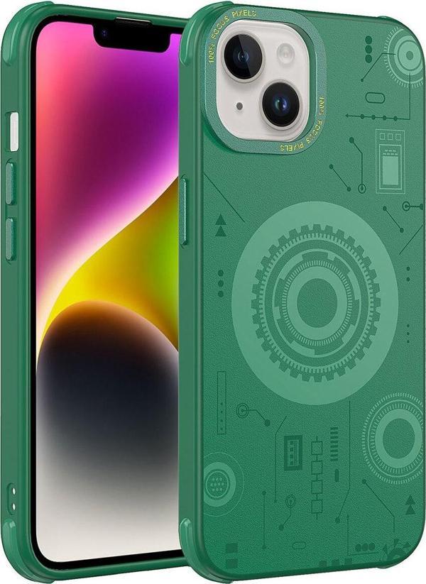 10Line Aksesuar İphone 14 Plus Uyumlu Zore Wireless Şarj Özellikli Desenli Hot Kılıf-Koyu Yeşil - Image 1