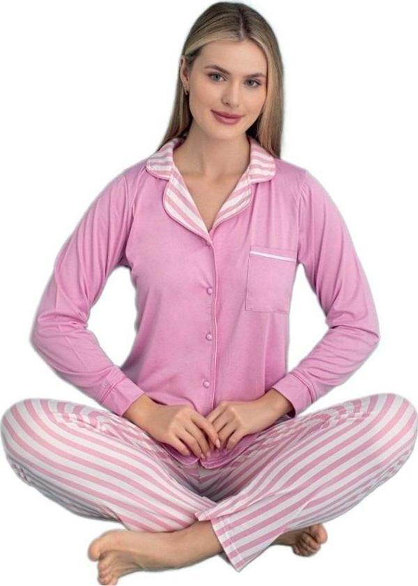Francesca Notte Uzun Kollu Önden Düğmeli Kadın Pijama Takımı S/2XL Ev Giyim Hediyelik - Image 1