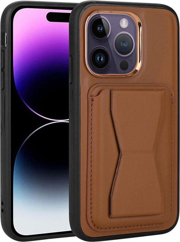 Szr Store İphone 14 Pro Max Uyumlu Kartlıklı Standlı Pu Deri Zore Memo Kılıf-Kahverengi - Image 1