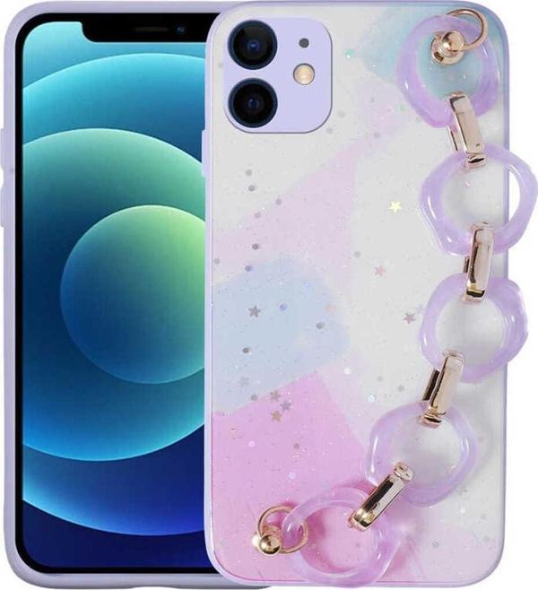 Marselit İphone 11 Uyumlu Simli Desenli El Askılı Tutacaklı Zore Elsa Silikon Kılıf-Lila - Image 1