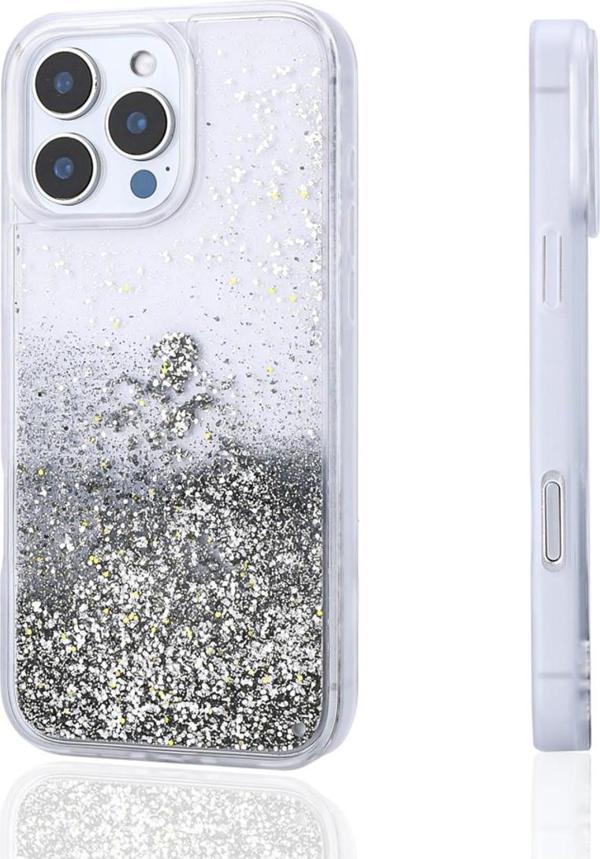 Zore İphone 15 Pro Max Kılıf Sıvılı Simli Şeffaf Arka Yüzey Keto Silikon Kapak - Gümüş - Image 1
