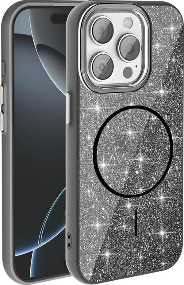 Wenixs İphone 15 Pro Max Kılıf Magsafe Şarj Özellikli Parlayan Simli Zore Okso Kapak - Siyah - Image 1