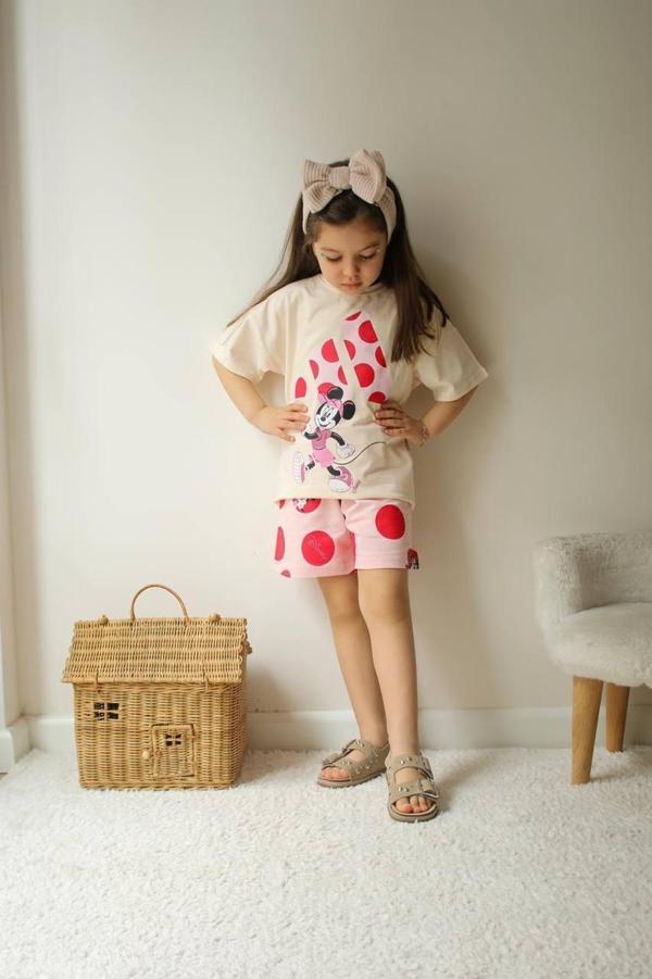 Minnie Mouse Çocuk Şortlu Takım – Pembe/Bej - Image 1