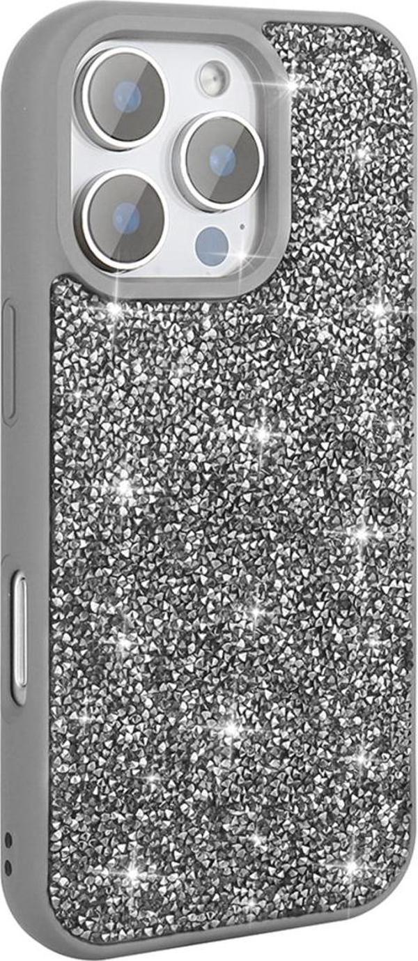Kılıftech İphone 16 Pro Max Kılıf Parlak Taşlı Tasarım Zore Pırlanta Kapak - Gri - Image 1