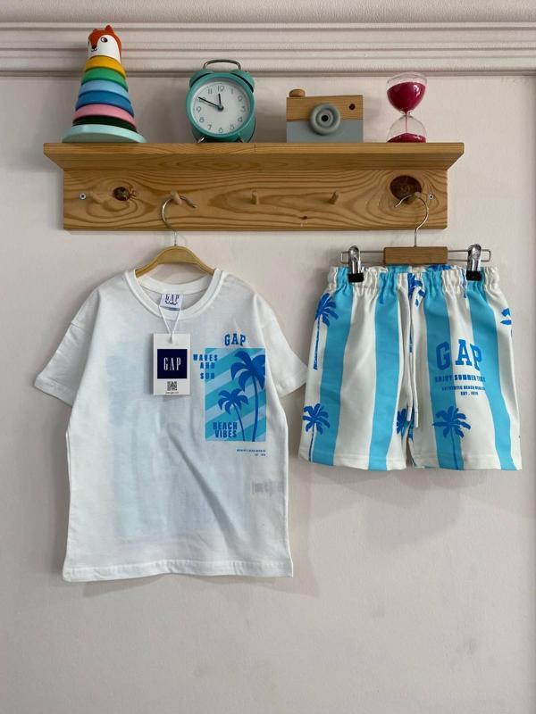 Çocuk Yazlık Takım – Palmiye Desenli Mavi & Beyaz - Image 1