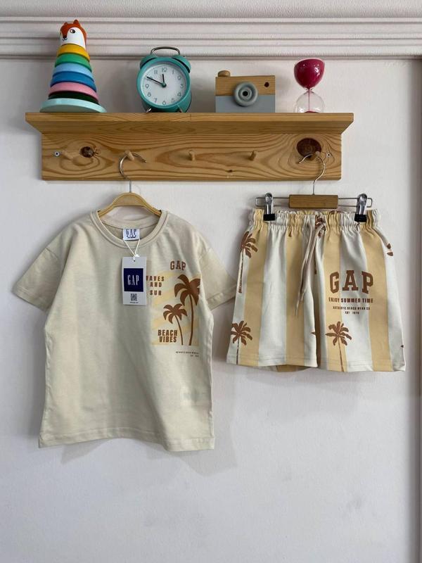 Çocuk Yazlık Takım – Palmiye Desenli Kahverengi & Beyaz - Image 1