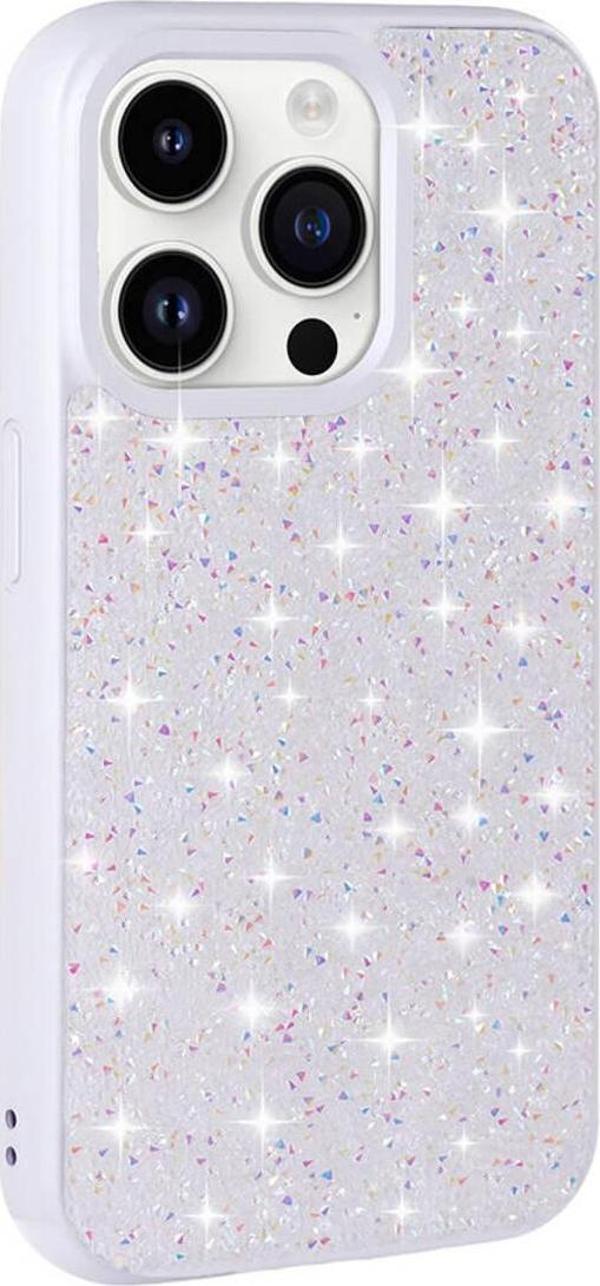 Kılıftech İphone 14 Pro Uyumlu Parlak Taşlı Tasarım Pırlanta Zore Kılıf-Beyaz - Image 1