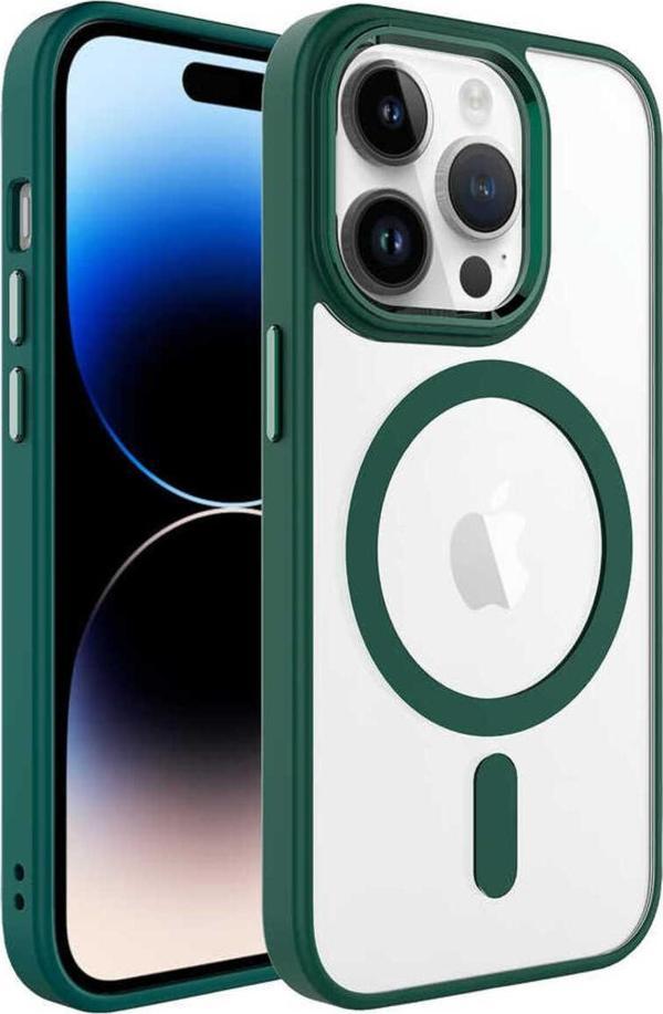 Safa İphone 14 Pro Uyumlu Wireless Şarj Özellikli Zore Krom Magsafe Silikon Kılıf-Koyu Yeşil - Image 1