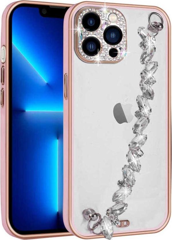 Eflink İphone 12 Pro Uyumlu Taş Süslemeli Kamera Korumalı El Tutamaçlı Zore Blazer Kılıf-Pembe - Image 1