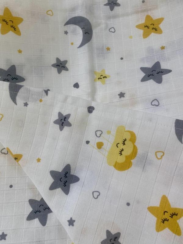 80 x 90 Unisex Bebek Battaniyesi - Sarı & Gri Desenli Müslin - Image 1